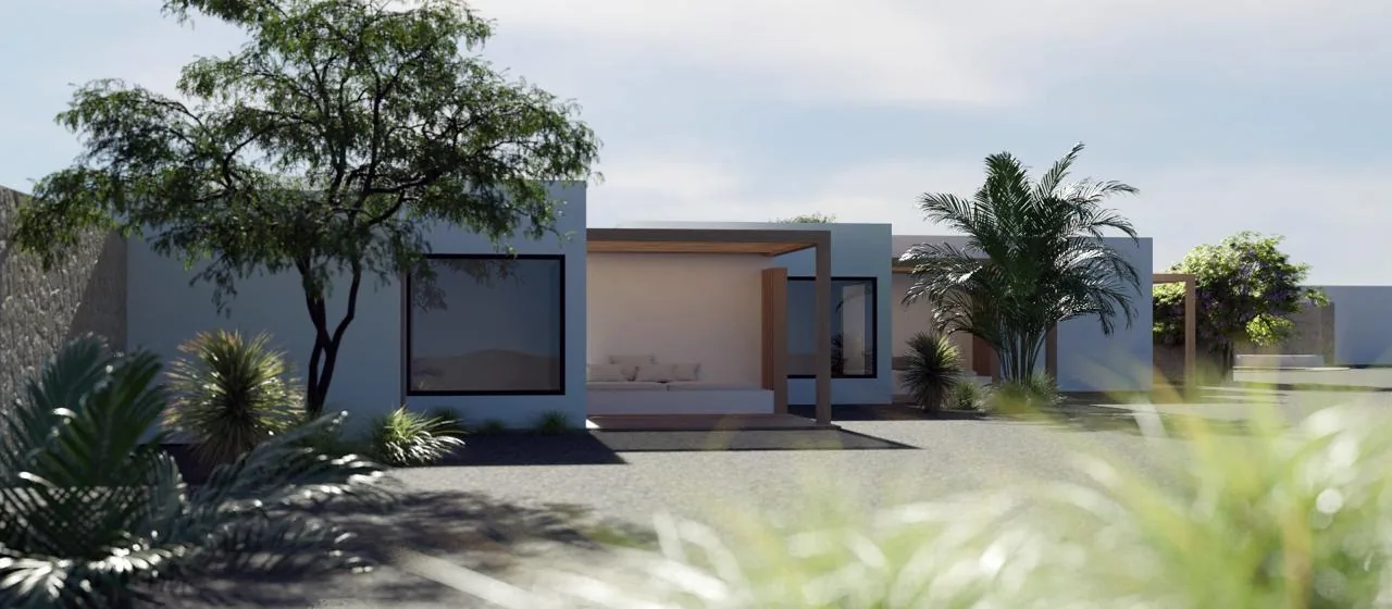Recreación arquitectónica de una casa blanca de una planta con pérgola de madera y jardín de grava