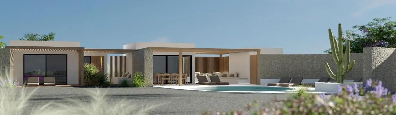 Recreación arquitectónica de una casa baja blanca con pérgolas de madera, muro de piedra y piscina curva
